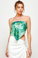 SATIN HANDKERCHIEF PRINTED BANDANA TUBE TOP- EMERALD