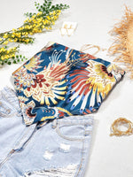SATIN HANDKERCHIEF PRINTED BANDANA TUBE TOP- BLUE