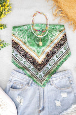 SATIN HANDKERCHIEF PRINTED BANDANA TUBE TOP-FORREST GREEN MULTI