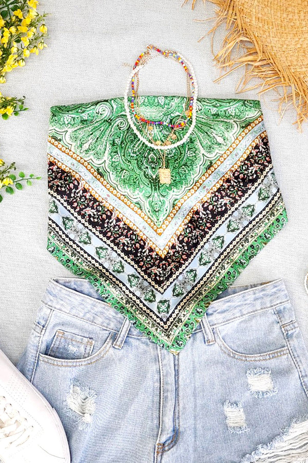 SATIN HANDKERCHIEF PRINTED BANDANA TUBE TOP-FORREST GREEN MULTI