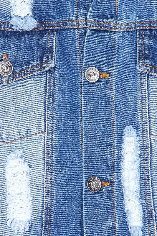 SPRING FUN DISTRESSED  CROPPED DENIM JACKET