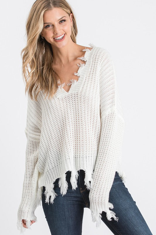 ON THE GRUNGE SIDE V NECK PULLOVER SWEATER