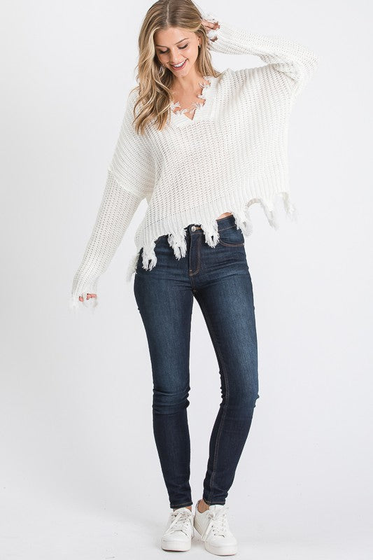 ON THE GRUNGE SIDE V NECK PULLOVER SWEATER