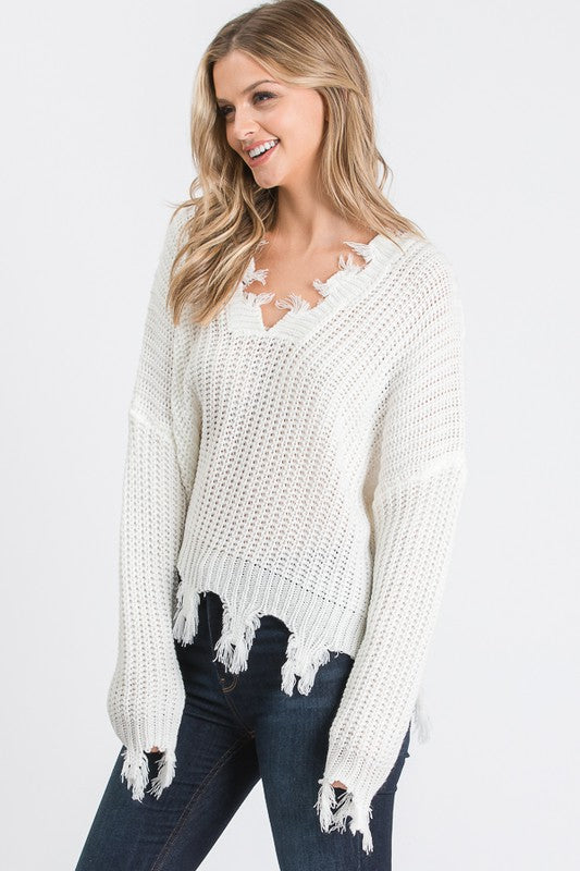 ON THE GRUNGE SIDE V NECK PULLOVER SWEATER