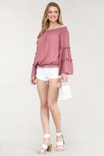 FEEL THE FLOW SWISS DOT LONG SLEEVE OFF SHOULDER TOP