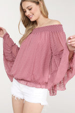 FEEL THE FLOW SWISS DOT LONG SLEEVE OFF SHOULDER TOP
