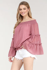 FEEL THE FLOW SWISS DOT LONG SLEEVE OFF SHOULDER TOP
