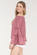 FEEL THE FLOW SWISS DOT LONG SLEEVE OFF SHOULDER TOP