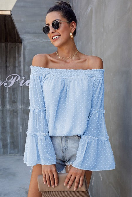 THE SKIES ARE BLUE OFF SHOULDER  BELL LONG SLEEVE TOP