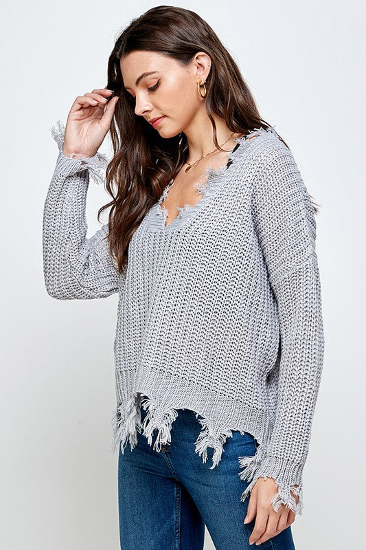 ON THE GRUNGE SIDE V NECK PULLOVER SWEATER