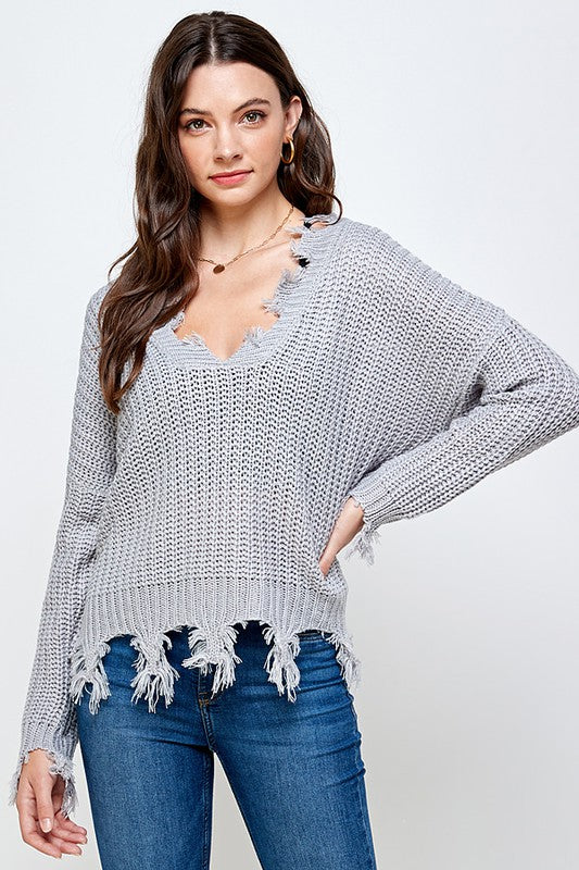 ON THE GRUNGE SIDE V NECK PULLOVER SWEATER
