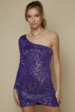 SLIDE INTO THE EVENING SEQUIN ONE SHOULDER MINI DRESS