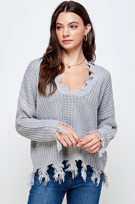 ON THE GRUNGE SIDE V NECK PULLOVER SWEATER